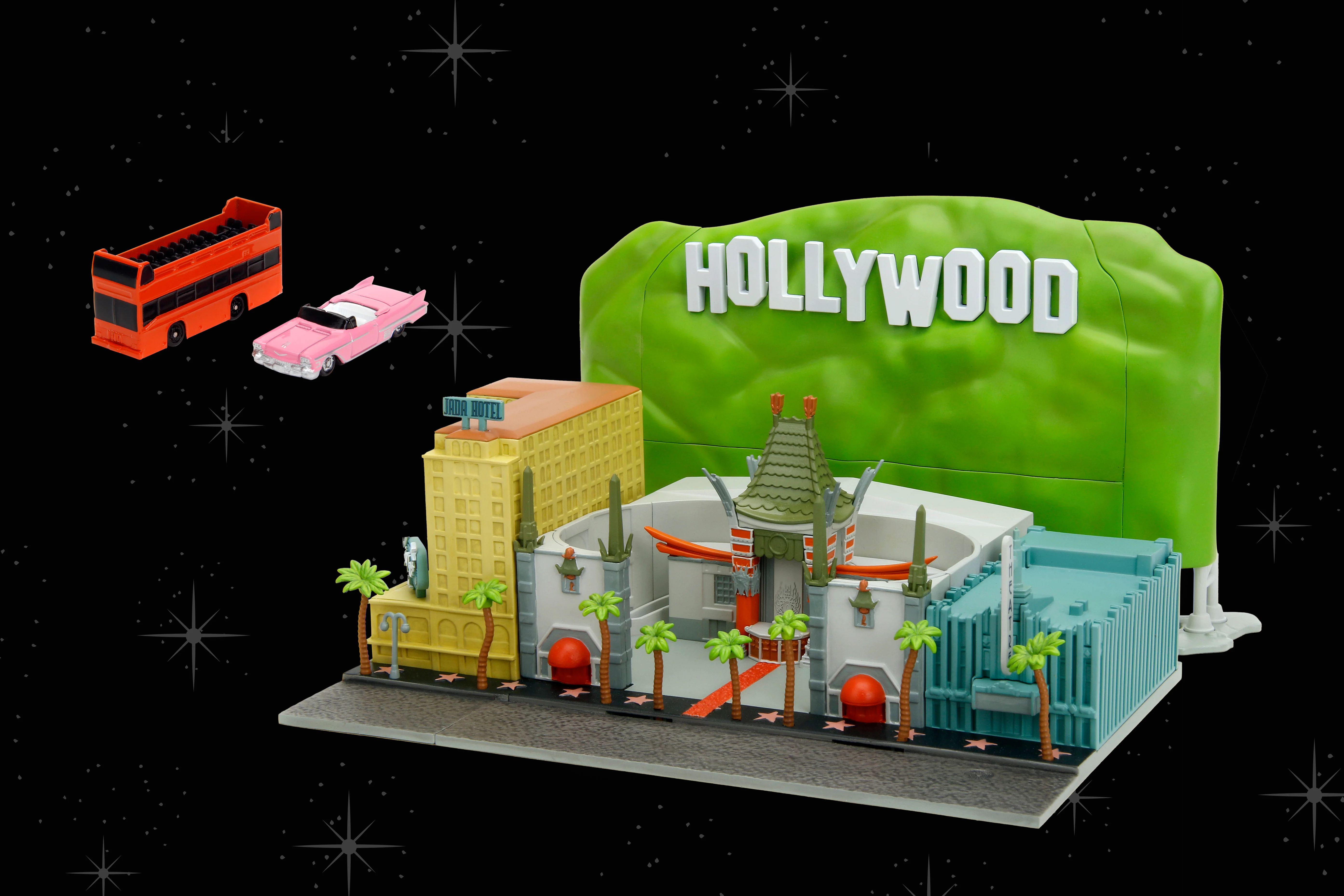 Hollywood 100 Featuring the Hollywood Walk of Fame Nano Scene w/ 1.65" 1958 Cadillac Series 62 and Tour Bus Die-Cast Vehicles